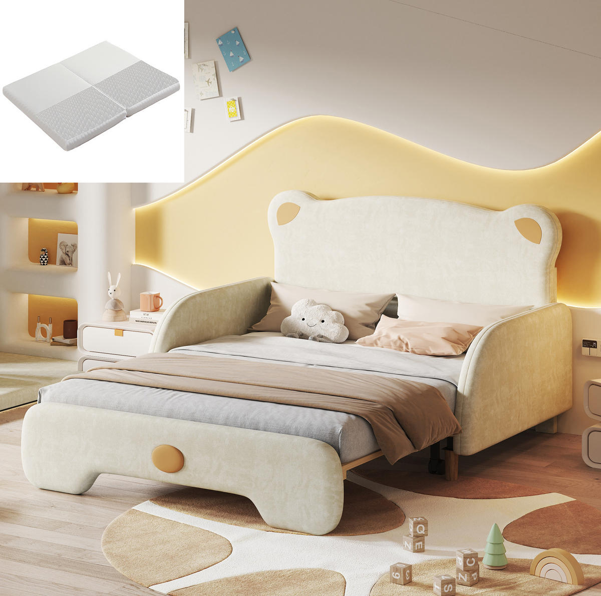 SAMT-POLSTERBETT 140/200 cm Beige mit Ausziehbett und gepolsterten Schutzkanten - Beige, Textil (140/200cm) - BEAOK