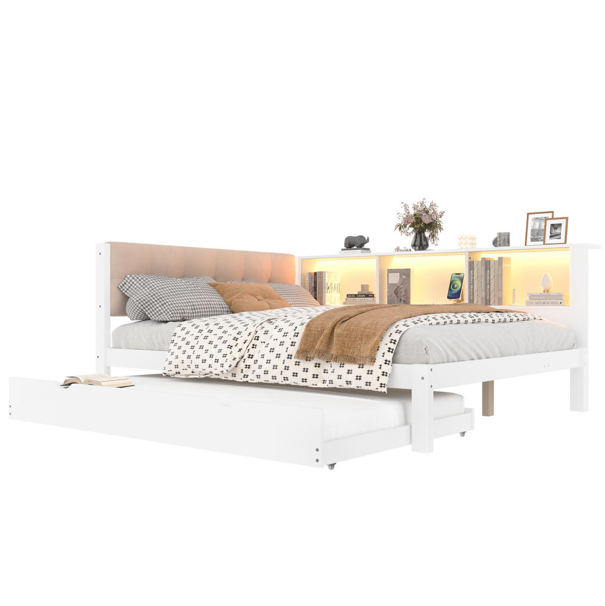 KINDERBETT 140/200 cm in Weiß mit Rollbett, Regal und LED-Beleuchtung - Weiß, Holz (140/200cm) - BEAOK