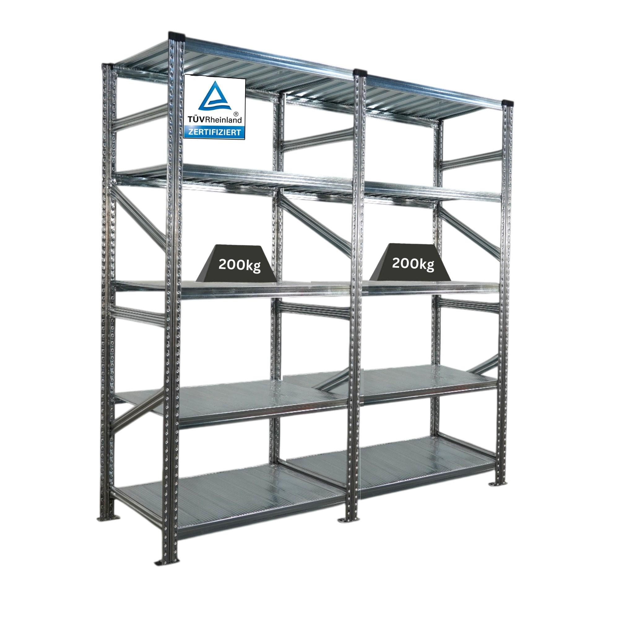 FACHBODENREGAL Proximo Stecksystem 200x180x60cm 5 Ebenen Fachlast 200 kg Beidseitig nutzbar Verzinkt - Silberfarben, Metall (180/200/60cm) - PROREGAL