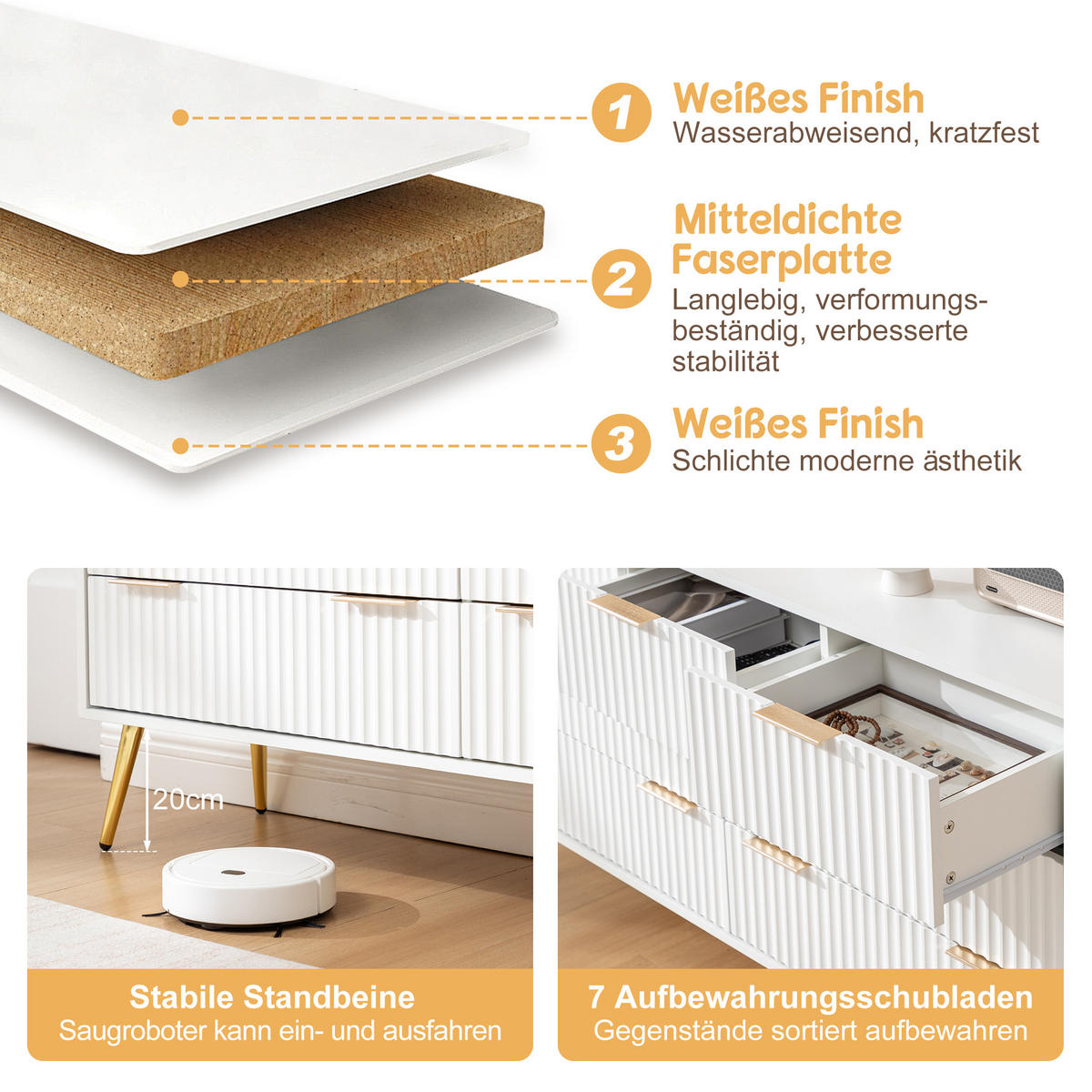 KOMMODE DE-38182 7 Schubladen mit Soft-Close und Metallgriffen Weiß - Weiß, Holzwerkstoff (145/80/40cm) - ComfortXL