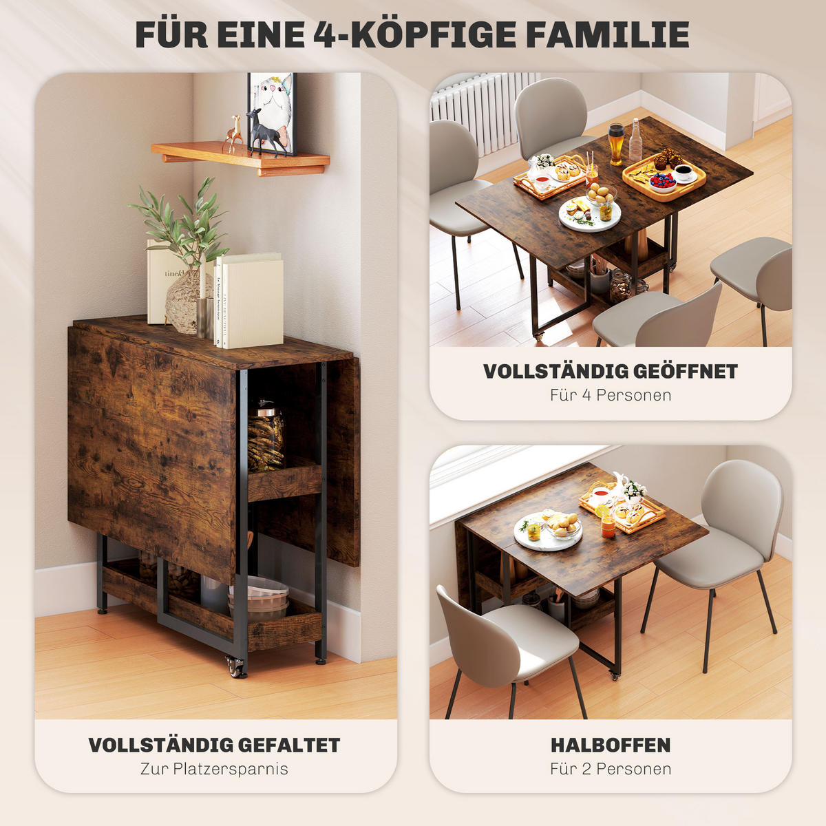 ESSTISCH Klappbar Küchentisch für 2-4 Personen mit 2 Offenen Ablagen, Rollen - Braun, Holz (133.4/80/75cm) - HOMCOM