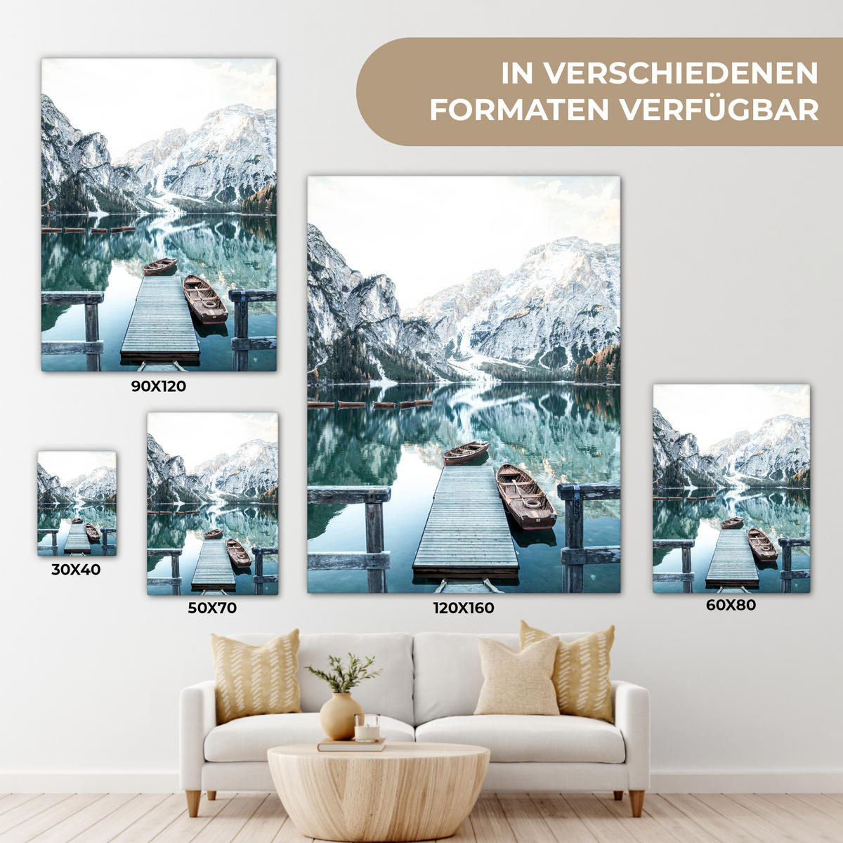 LEINWANDBILD Natur - Berge - Schnee - Wald - Boot 60x80 cm - Hellgrün, Textil (60/80cm) - MuchoWow