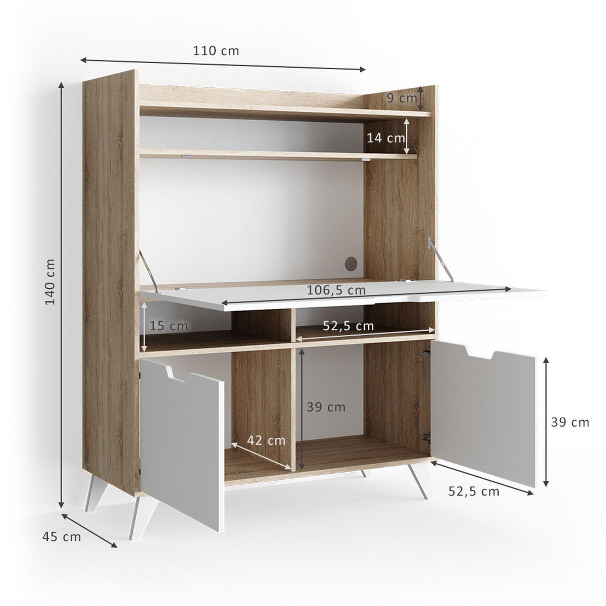 SEKRETÄR SCHREIBTISCH Berdi Sonoma 110 x 45 cm - Sonoma Eiche, Holzwerkstoff (45/110/140cm) - Vicco