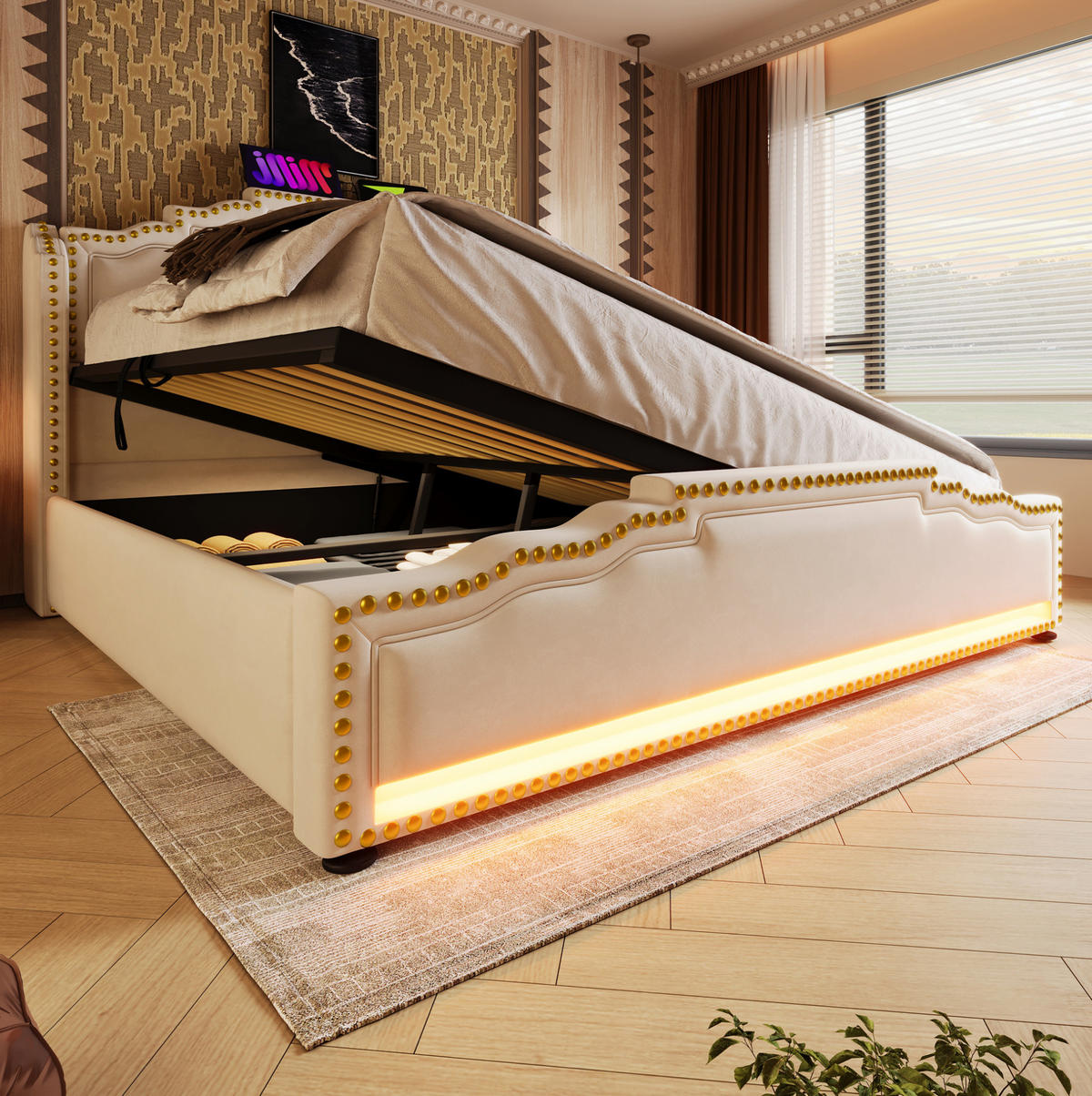 TAPECIRANI krevet 140/200 cm bež od baršuna s madracem, LED rasvjetom i USB Type-C priključcima - bež, tekstil (140/200cm) - OKWISH