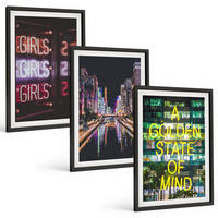 BILDER SET 3er Set - 40x60 cm Schwarzer Rahmen - Neonlichter am Fluss bei Nacht - Schwarz, Kunststoff (40/60cm) - TULUP