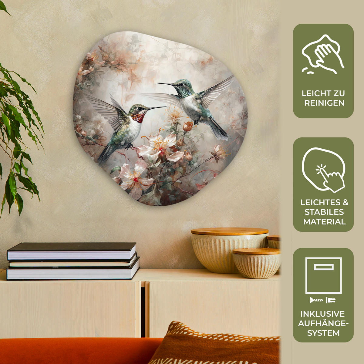 WANDBILD Kolibri - Vögel - Blumen - Pflanzen 60x60 cm - Hellgrün, Kunststoff (60/60cm) - MuchoWow