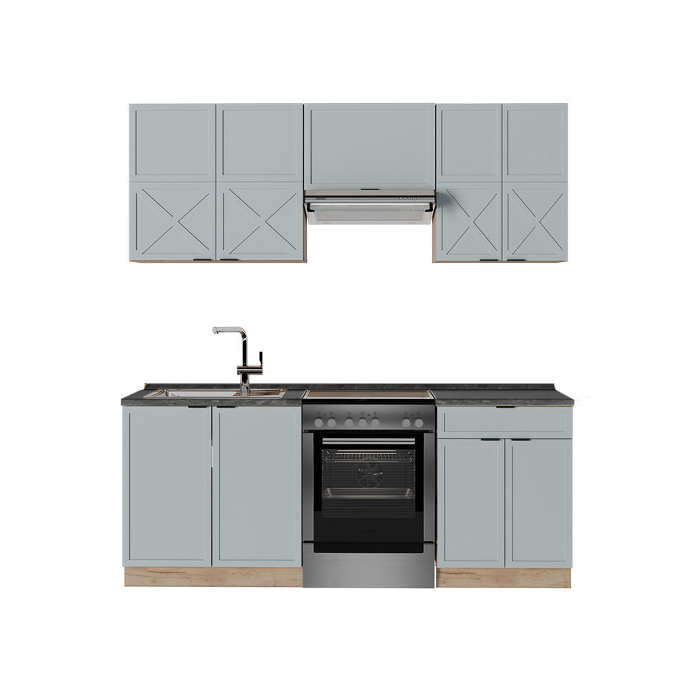 KÜCHENZEILE Fame-Line Hellblau-grau/Goldkraft Eiche 200 cm AP Anthrazit - Honigeiche/Blaugrau, Holzwerkstoff (200/81.6/60cm) - Vicco