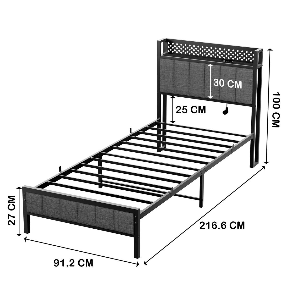 METALLBETT 90/200 mit Matratze und Gepolstertes Kopfteil Jugendbett mit LED und Steckdose, 27 cm Bodenfreiheit - Schwarz/Grau, Holzwerkstoff/Textil (90/200cm) - STILVORA