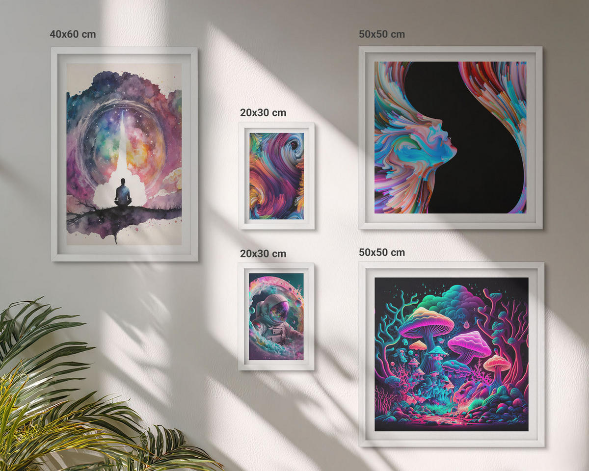 BILDER SET 5er Set - 50x50 cm & 20x30 cm & 40x60 cm Weißer Rahmen - Farbenfrohe Fantasy-Kunstillustrationen - Weiß, Kunststoff (40/60cm) - TULUP