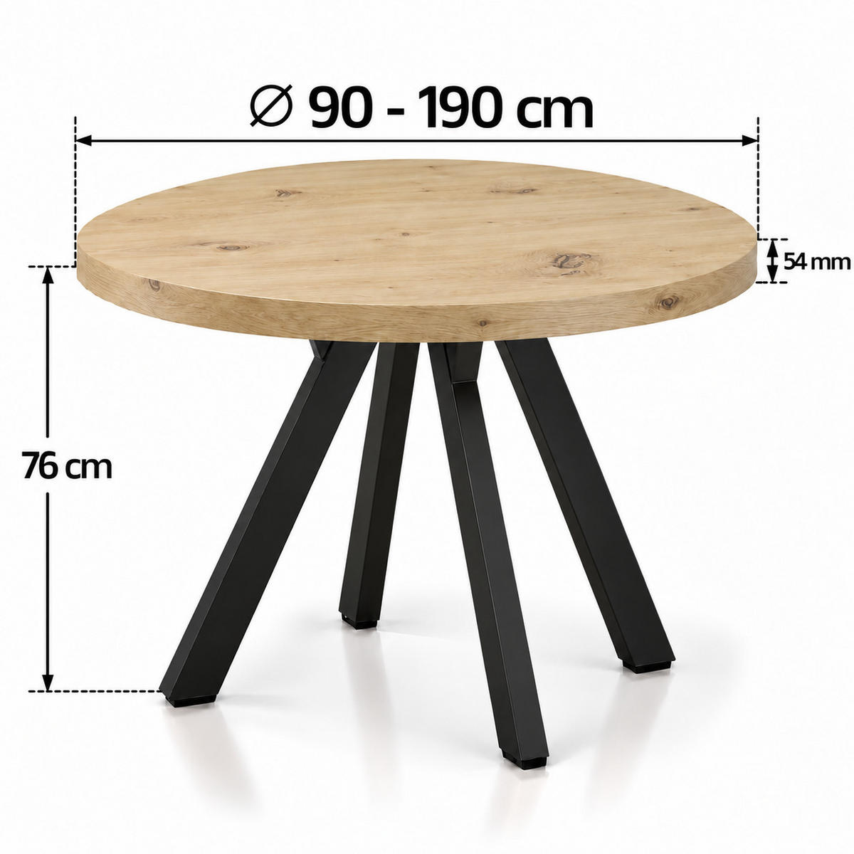 ESSTISCH rund ausziehbar 90/190/76 cm, Eiche Artisan, 54 cm Tischplatte + Y Metallgestell Schwarz - Schwarz/Eiche Artisan, Holzwerkstoff/Metall (90/190/76cm) - Damale Möbel