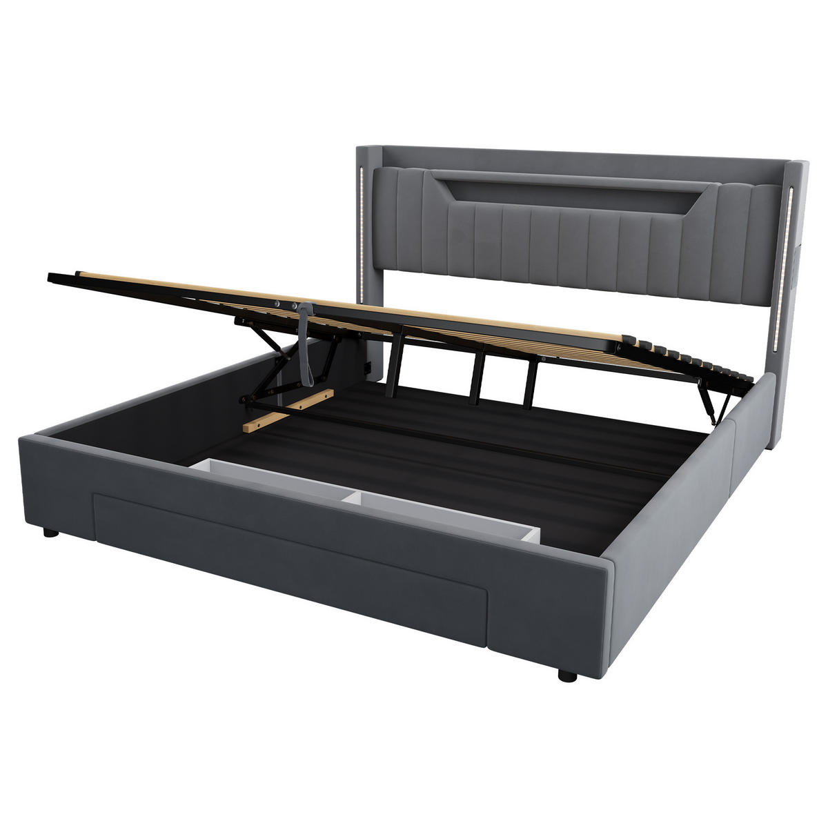POLSTERBETT 140×200 mit Matratze, Bettkasten, Schubladen und LED Beleuchtung,Samtbezug, in Grau - Grau, Holzwerkstoff/Textil (140/200cm) - STILVORA