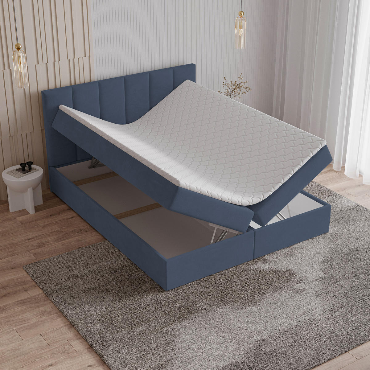 BOXBETT MERIL 160x200 cm mit Matratze und Topper - Blau - Blau, Holz (160/200cm) - MASSENO