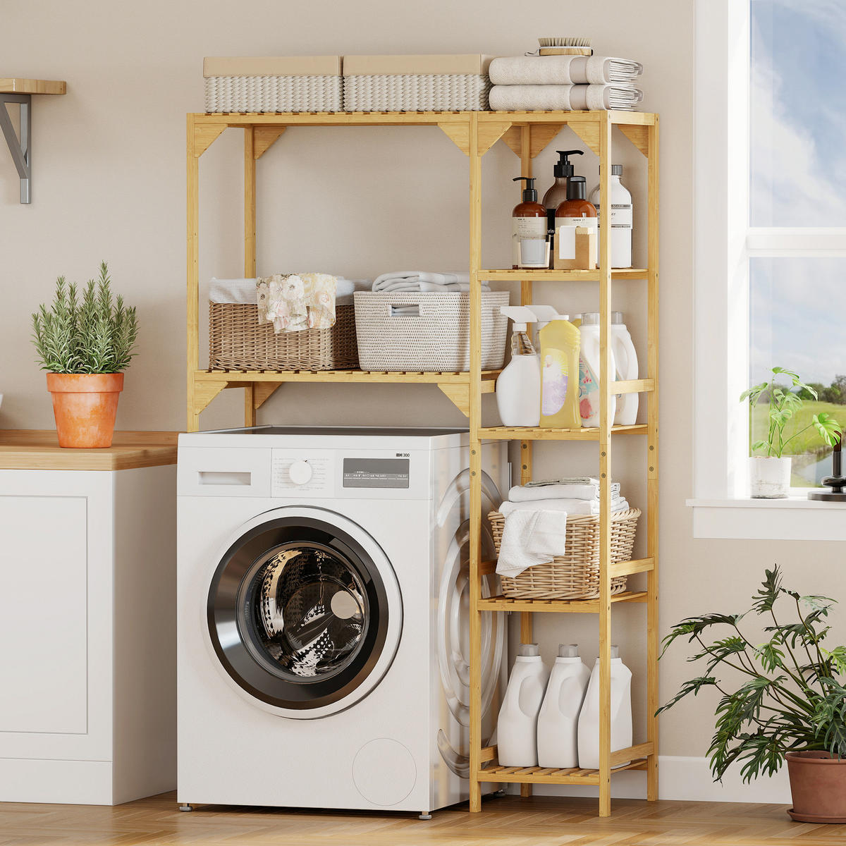 WASCHMASCHINENREGAL DE-10497 7 Ablagen, verstellbar Bambus - Naturfarben, Naturmaterialien (40/157/100cm) - ComfortXL