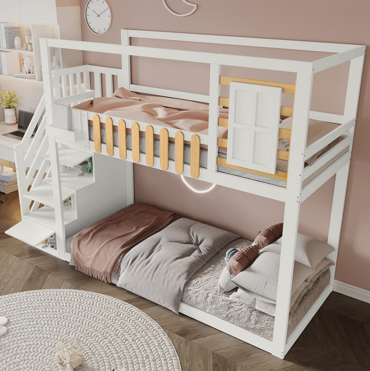 ETAGENBETT 90/200 cm in Weiß/Natur mit Treppe und Stauraum - Weiß, Holzwerkstoff (90/200cm) - BEAOK