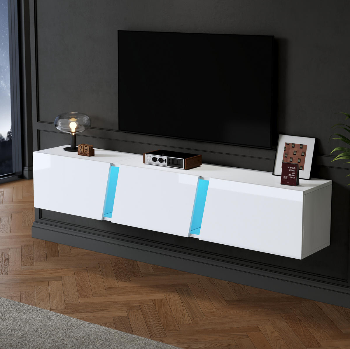 LOWBOARD Wand-TV-Schrank 180/35/30 cm aus Spanplatte mit LED-Beleuchtung und Hochglanzfront Weiß - Weiß, Holzwerkstoff (180/30/35cm) - Modenvie