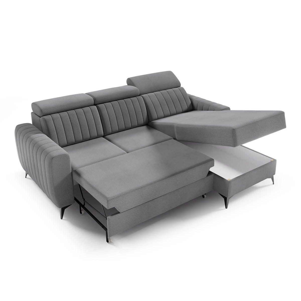 ECKSCHLAFSOFA Connor I verstellbare Kopfstützen, Grau - Schwarz/Grau, Textil (238/176cm) - Beautysofa