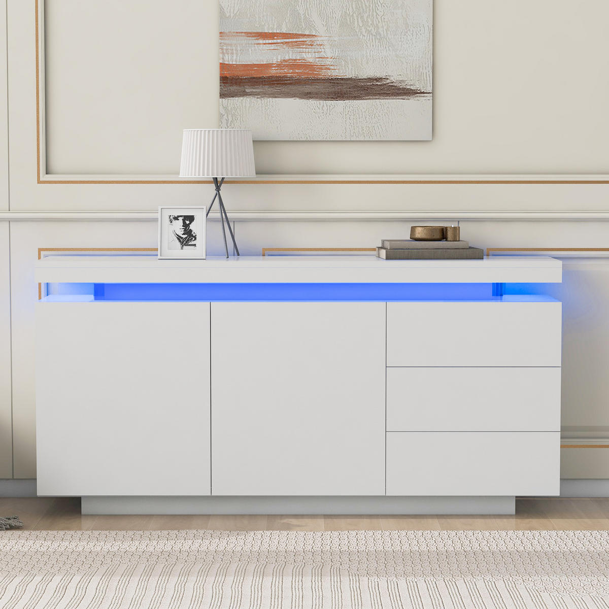 SIDEBOARD in Weiß Sideboard mit 2 Türen, 3 Schubladen,LED-Beleuchtung für Wohnzimmer, B140/T35/H72.5cm - Weiß, Holzwerkstoff (140/72.5/35cm) - STILVORA