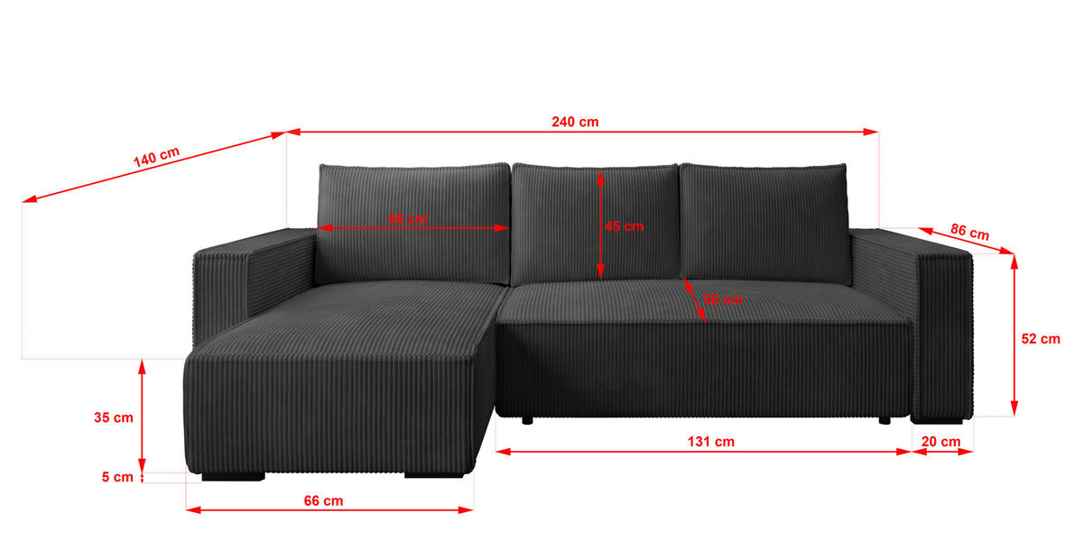 ECKSOFA CUDDY L, Eckcouch in L-Form mit Schlaffunktion und Bettkasten, Farbe: Dunkelgrau, Cordstoff, Ottomane Links - Dunkelgrau, Textil (240/140cm) - Storez24