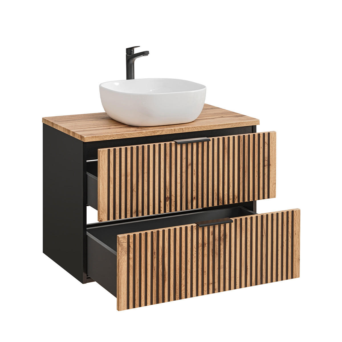 BADMÖBEL 80.6cm Gaia 2er-Set Holz in Eichenoptik und Schwarz - Schwarz, Holzwerkstoff (80.6/59/46cm) - Petits-meubles