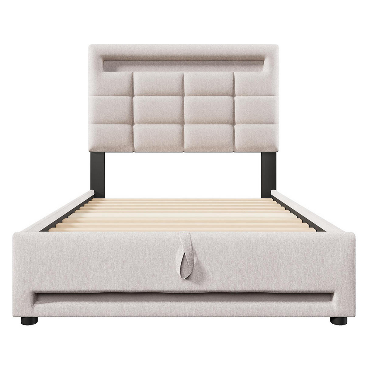 POLSTERBETT 90x200cm Mit USB-Buchse, Leinen, Beige - Beige, Holz/Textil (90/200cm) - KOMHTOM