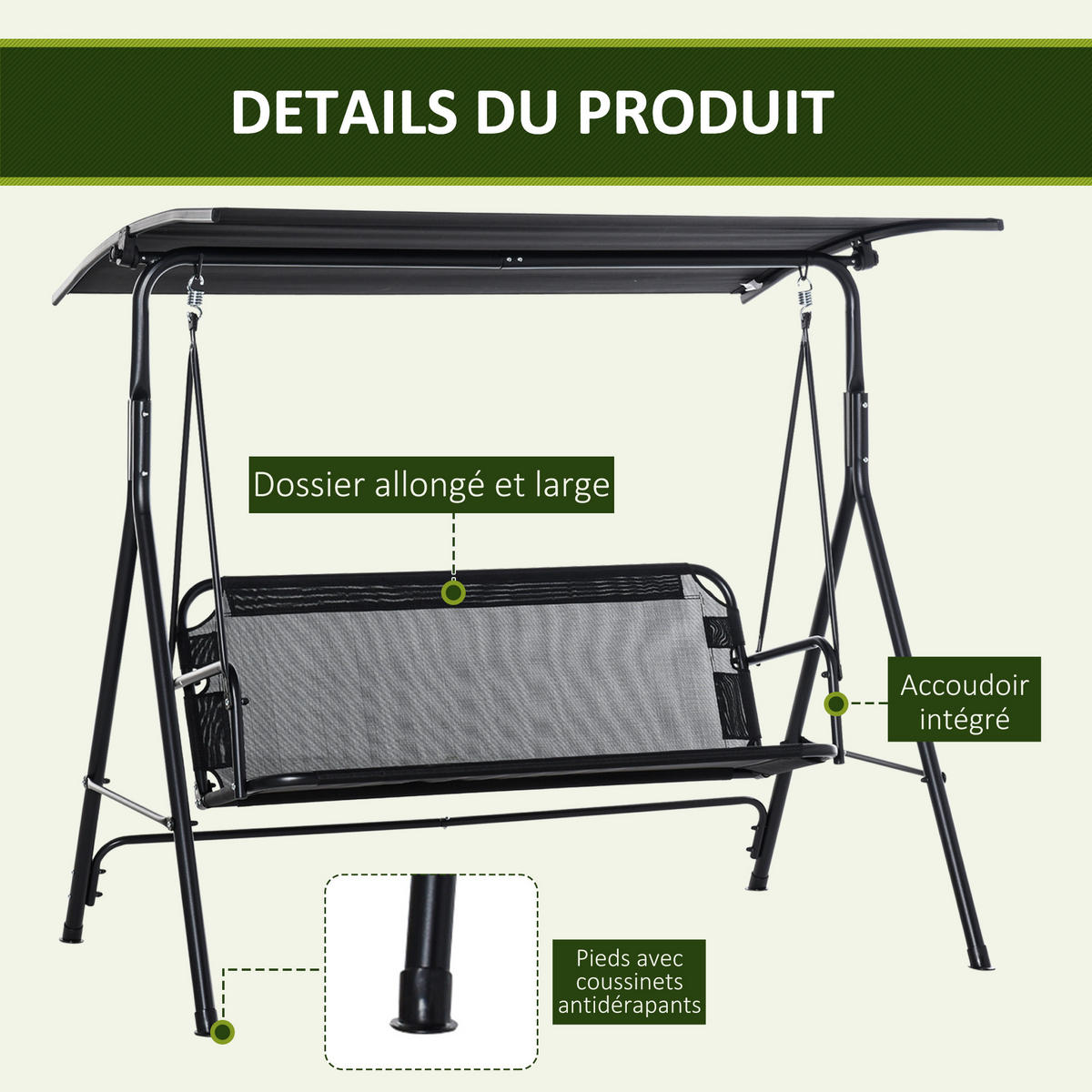 GARTENBANK DE-15287 172/110/155 cm mit verstellbarem Dach Schwarz - Schwarz, Metall (172/155/110cm) - ComfortXL