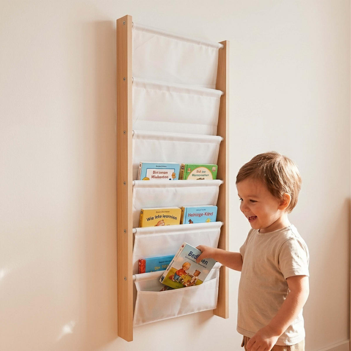 BÜCHERREGAL Natur Weiß Kinder Wand - Multicolor, Holzwerkstoff/Textil (44.5/118/6cm) - Relaxdays