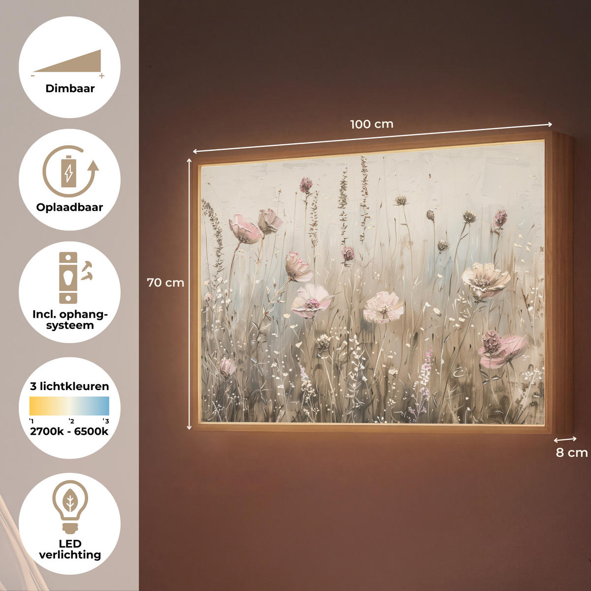 NÁSTĚNNÁ LAMPA S AKUMULÁTOREM Květiny - růžová - moderní - béžová 100x70 cm - starorůžová, kompozitní dřevo (100/70/8cm) - OnlyWow
