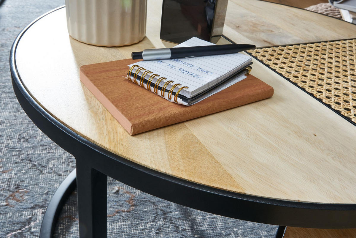 BEISTELLTISCH Set – Rattan Holz handgefertigt rund Industrial - Schwarz/Braun, Holz/Metall (60/60/37cm) - KADIMA DESIGN