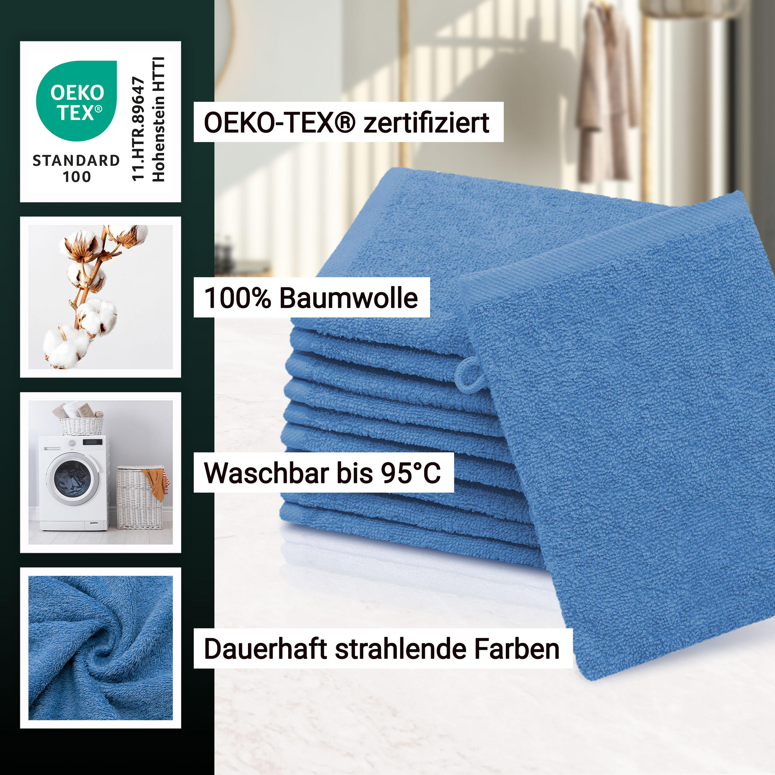 WASCHHANDSCHUH, 10er-Set, 16x21 cm, 100% Baumwolle, Blau - Dunkelblau, Textil (16/21cm) - Zollner