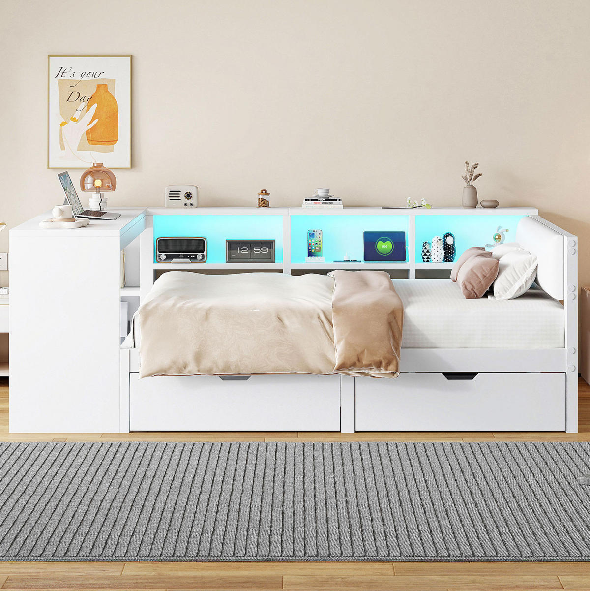 BETT 140/200 cm in Weiß mit gepolstertem Kopfteil, Schubladen und LED - Weiß, Holzwerkstoff (140/200cm) - BEAOK