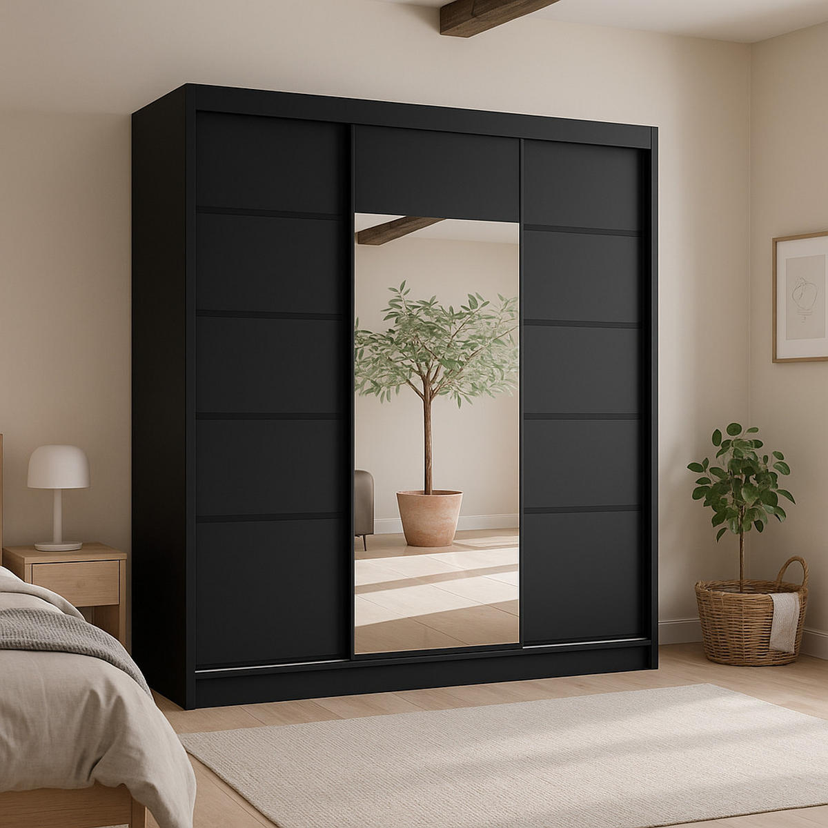 SCHWEBETÜRENSCHRANK Moni mit Spiegel und Zierleisten, 215x200x61cm, Schwarz - Schwarz, Holzwerkstoff (200/215/61cm) - AN-Moebel 4u