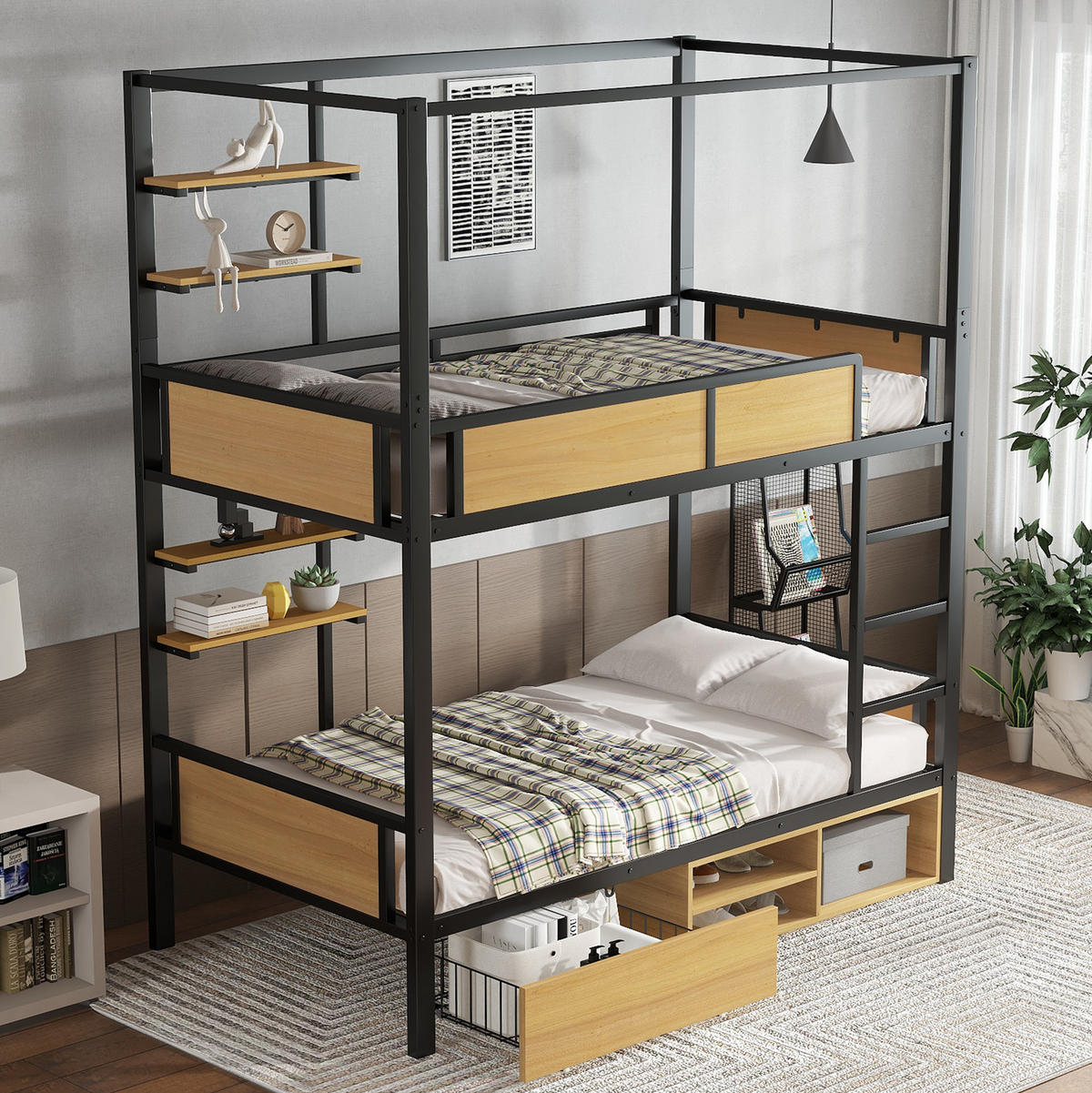 ETAGENBETT 90/200 cm aus Metall und MDF mit Stauraum & Ablagen - Schwarz, Holzwerkstoff (90/200cm) - Flora Grace