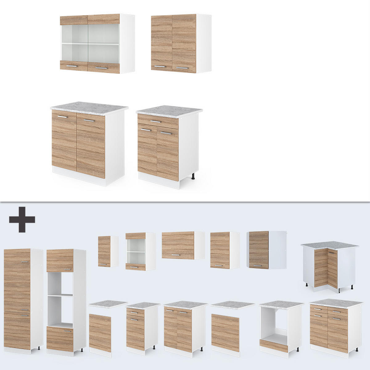 SINGLEKÜCHE R-Line Sonoma 140 cm, AP Marmor - Weiß/Sonoma Eiche, Holzwerkstoff (140/81.6/60cm) - Vicco