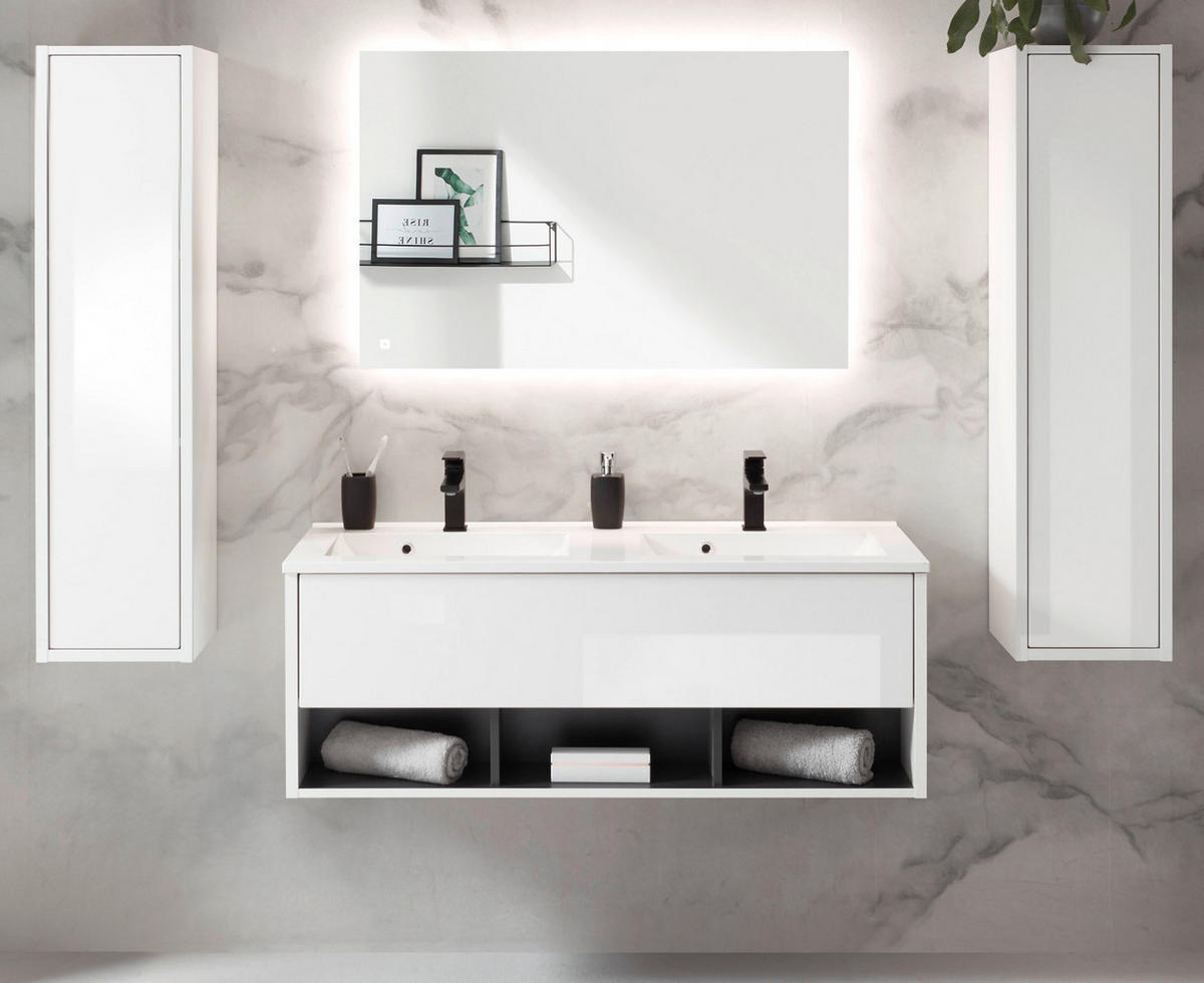 BADMÖBEL-SET weiß Hochglanz, grau, Komplettset mit Doppelwaschbecken und LED Beleuchtung - Weiß Hochglanz/Grau, Glas/Holzwerkstoff (200/190/47cm) - Furn.Design