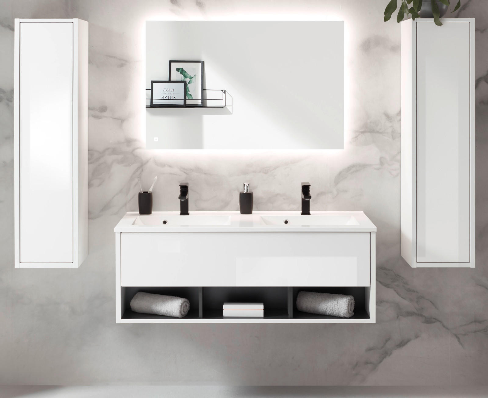 Furn.Design BADMÖBEL-SET Weiß Hochglanz, Grau 200cm × 47cm × 190cm