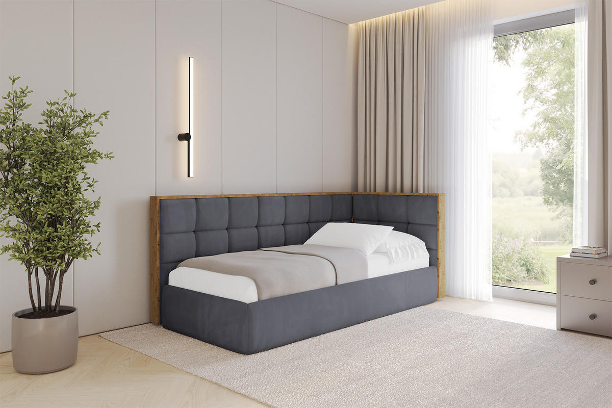 EINZELLBETT Jugendbett mit Bettkasten und Matratze H3/H4, Links - SOVY 90x200 Dunkelgrau - Dunkelgrau, Holzwerkstoff/Textil (90/200cm) - ALTDECOR