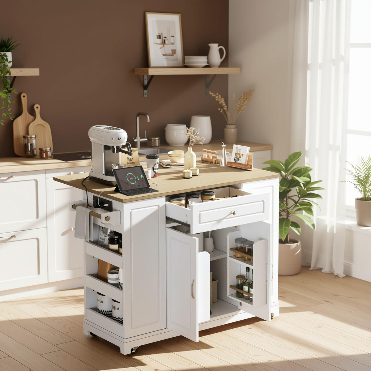 KÜCHENINSEL Mobile (132 cm) in Weiß/Natur mit Mülleimer-Auszug - Weiß, Holzwerkstoff (131.8/93.3/40cm) - Urban Meuble