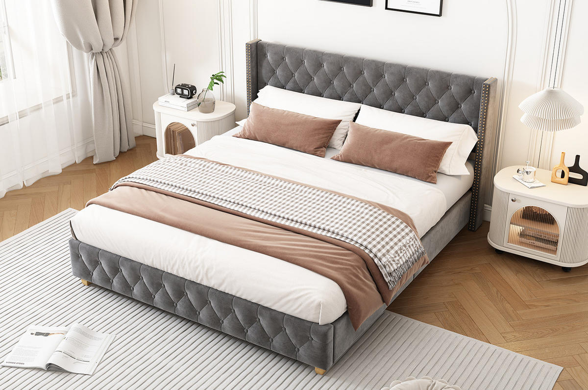 SAMT-POLSTERBETT 160/200 cm mit Lattenrost und gepolstertem Kopfteil, Grau - Grau, Textil (160/200cm) - BEAOK