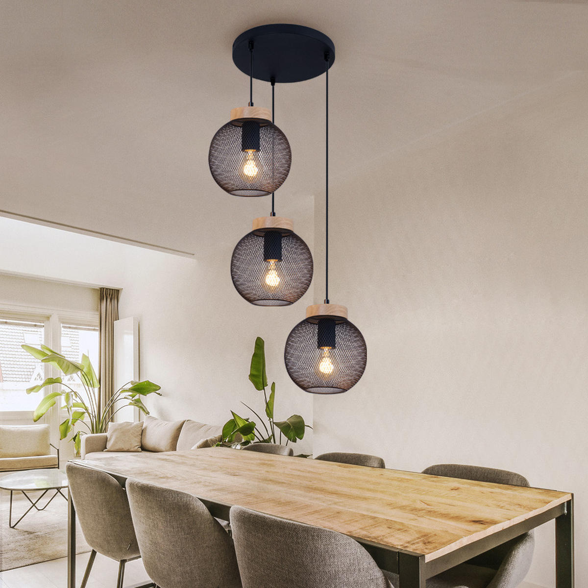 HÄNGELEUCHTE Metall Schwarz Drahtgeflecht - Schwarz, Holz (44/44/120cm) - Globo Lighting
