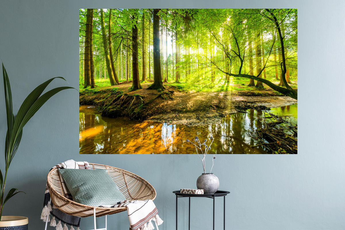 WANDTATTOO Wald - Landschaft - Wasser - Bäume - Sonne - Grün - Natur 120x80 cm - Grün, Kunststoff (120/80/0.1cm) - MuchoWow