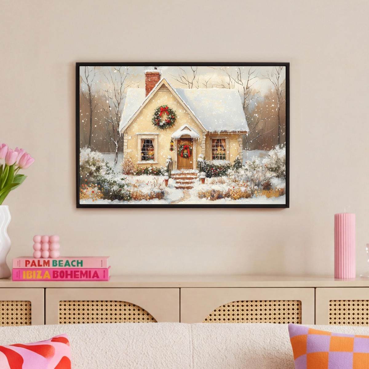 LEINWAND Bilder mit Rahmen - Weihnachten - Zuhause - Winter - Schnee - 60x40 - Creme, Textil (60/40cm) - MuchoWow