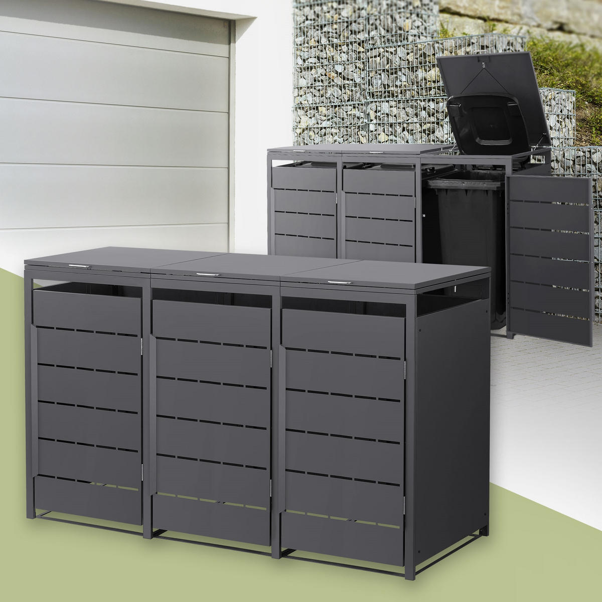 MÜLLTONNENBOX 3er 240L 196x80x120 cm Anthrazit aus Stahl wetterfest - Anthrazit, Metall (80/120/196cm) - ML-DESIGN