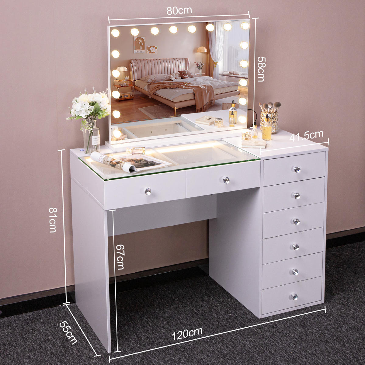 SCHMINKTISCH mit 8 Schubladen 120/55/81 CM und LED Beleuchtung Schminkspiegel Lichtleiste weiß 80/58 cm - Weiß, Holz (55/81/120cm) - VANITII