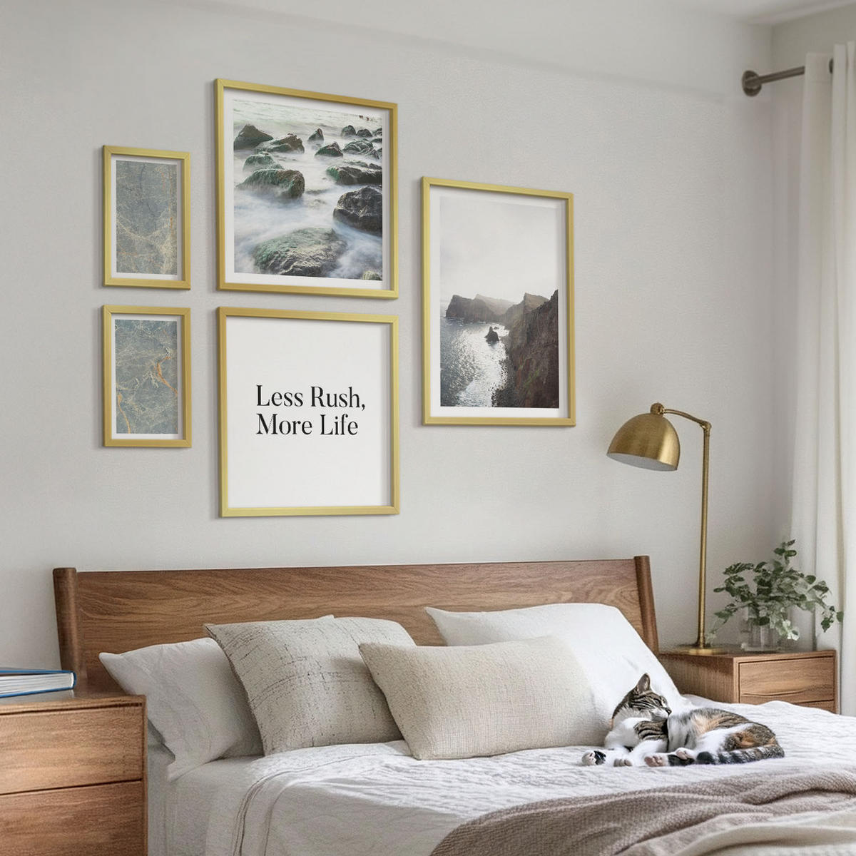 WANDBILDER 5er Set - 50x50 cm & 20x30 cm & 40x60 cm Goldrahmen - Grüner Marmor Melancholie - Goldfarben, Kunststoff (40/60cm) - ArtPrintCave