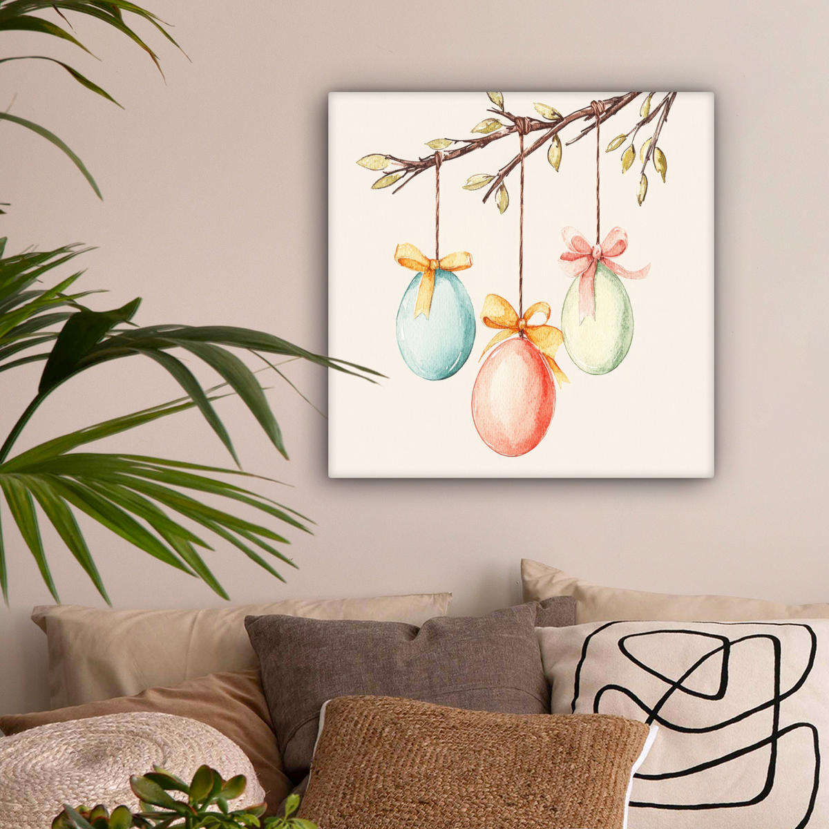 LEINWANDBILD Osterkuchen - Schleife - Eier Wandbild Wohnzimmer 50x50 cm - Creme, Textil (50/50cm) - MuchoWow