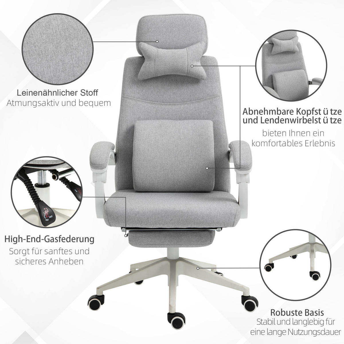 DREHSTUHL 62/68/117-127 cm grau aus Polyester mit Fußstütze und 160° Rückenlehne - Grau, Kunststoff (68/117/62cm) - OKWISH