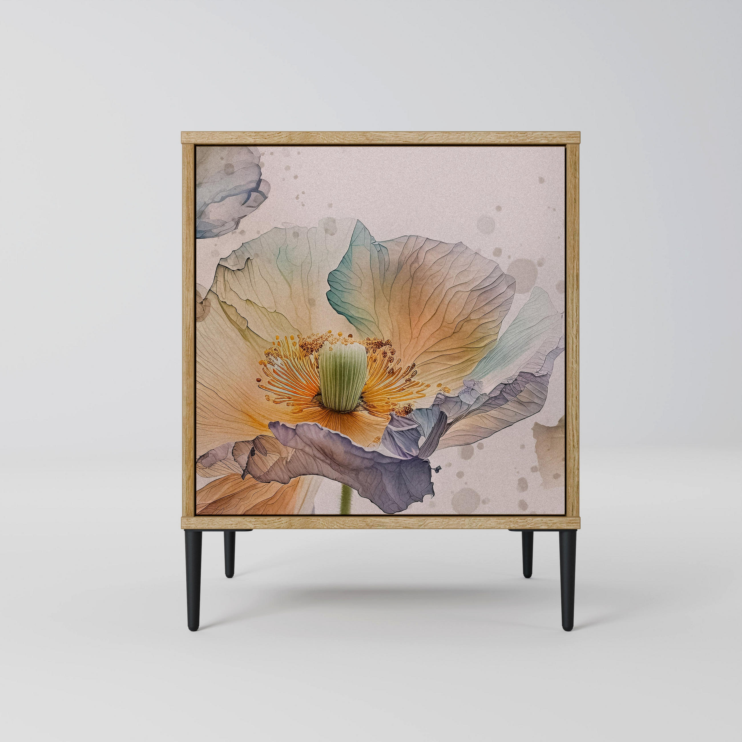 SIDEBOARD SOFTEN POPPY, Eichefarben, 57,5x42x72,5 cm, Schwarze Metallfüße - Eichefarben/Multicolor, Holzwerkstoff/Metall (57.5/72.5/42cm) - SpaceRebels