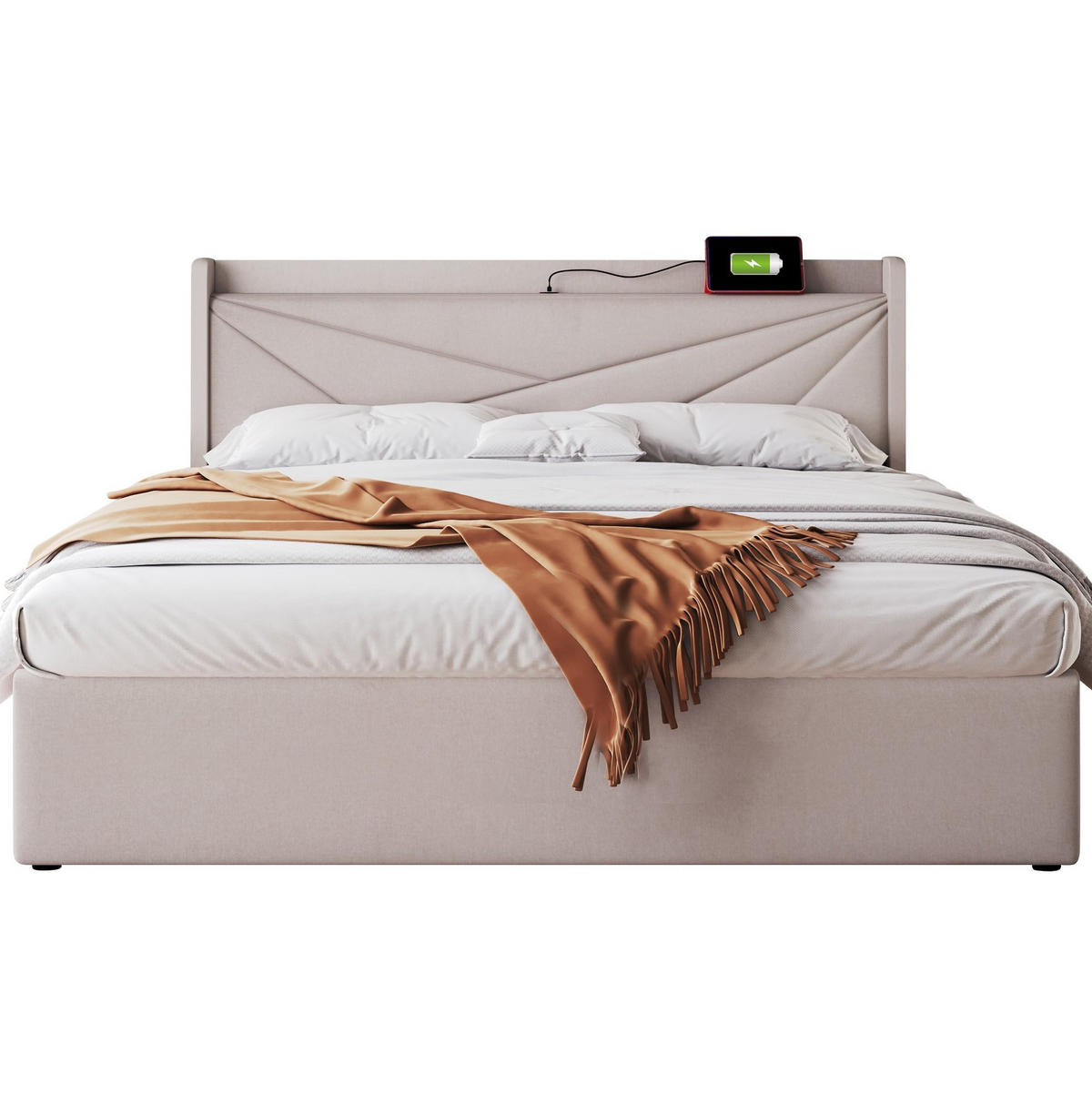 POLSTERBETT 180/200 cm Beige mit Stauraum und USB- und Type-C-Anschlüssen - Beige, Textil (180/200cm) - Flora Grace