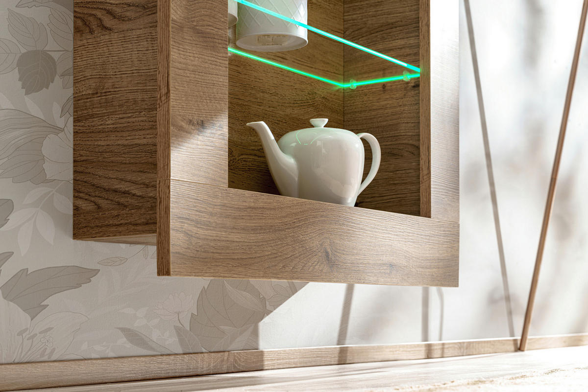 HÄNGEVITRINE COMO, sechs Glasböden, LED mehrfarbige Beleuchtung, Honigeiche/Trüffeleichefarben - Honigeiche/Trüffeleichefarben, Glas/Holzwerkstoff (71/178/19cm) - Komodee