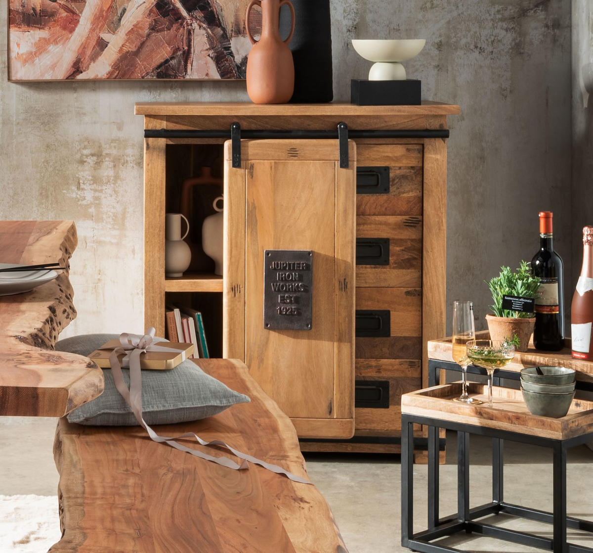 KOMMODE Florenz Vintage - 90 cm - Mangoholz - Schwarz/Naturfarben, Holz/Metall (90/100/45cm) - bene living
